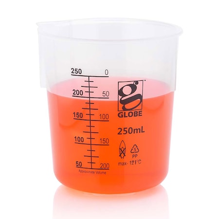 Globe Scientific 250mL Beaker, Diamond Essentials, Griffin Style, Low Form, Printed Graduations, PP, 6PK 3650-250